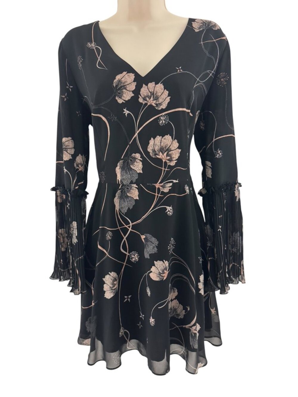Chelsea28 Nordstrom Black Chiffon Floral Print Bell Sleeve Dress Size M Wedding